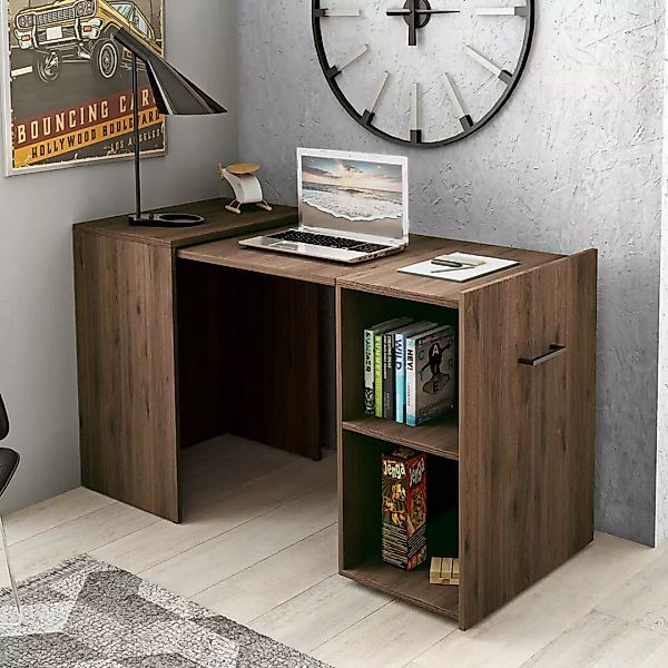 Ausziehbarer Schreibtisch in Nussbaumfarben Seitenregal günstig online kaufen