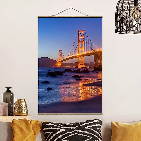 Stoffbild mit Posterleisten Golden Gate Bridge am Abend günstig online kaufen
