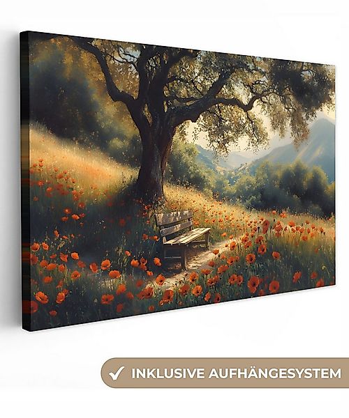 OneMillionCanvasses® Leinwandbild Bank - Baum - Mohnblumen - Hügel, Fotodru günstig online kaufen