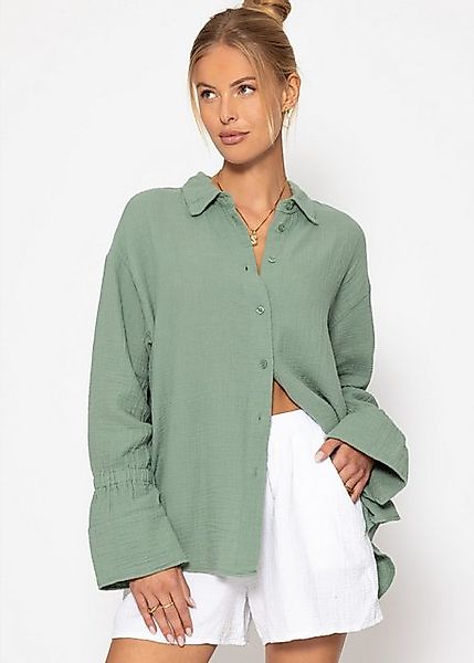 SASSYCLASSY Langarmbluse Musselin Bluse Oversize mit gerafften Manschetten günstig online kaufen
