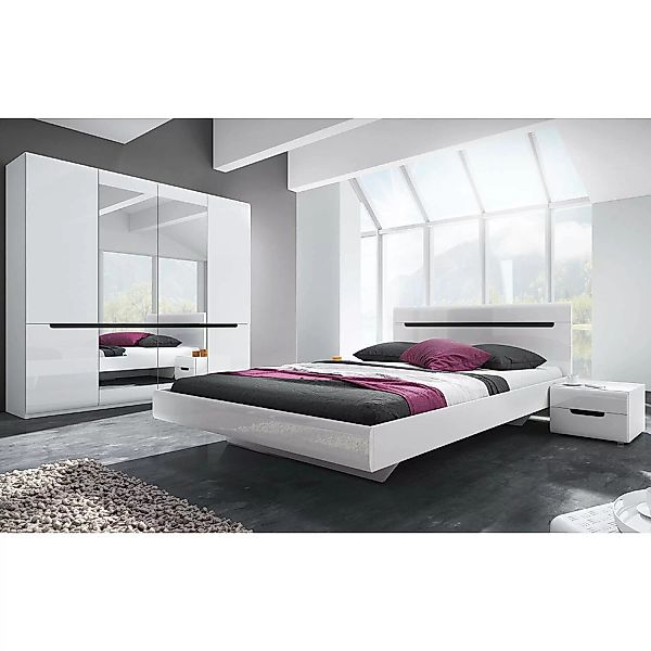 Schlafzimmer Set mit 160cm Bett in weiß mit weiß Hochglanz und schwarz HERN günstig online kaufen