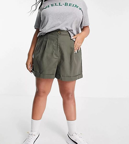 ASOS DESIGN Curve – Leinen-Shorts in Khaki mit plissierter Vorderseite und günstig online kaufen