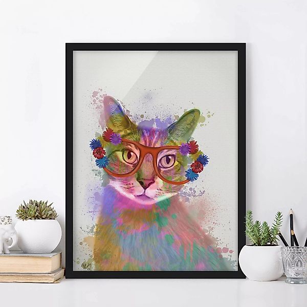 Bild mit Rahmen Kinderzimmer - Hochformat Regenbogen Splash Katze günstig online kaufen
