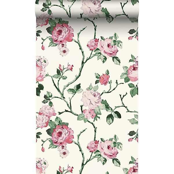 Origin Wallcoverings Tapete Blumen Crême-Weiß Rosa und Grün 53 cm x 10.05 m günstig online kaufen