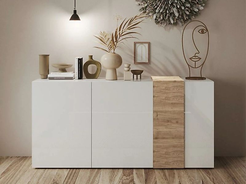 Sideboard mit 3 Türen - Weiß & Helle Holzfarben - CAYNO günstig online kaufen