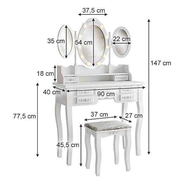 Vicco Schminktisch Diana Weiß 90 cm mit Beleuchtung und Hocker günstig online kaufen