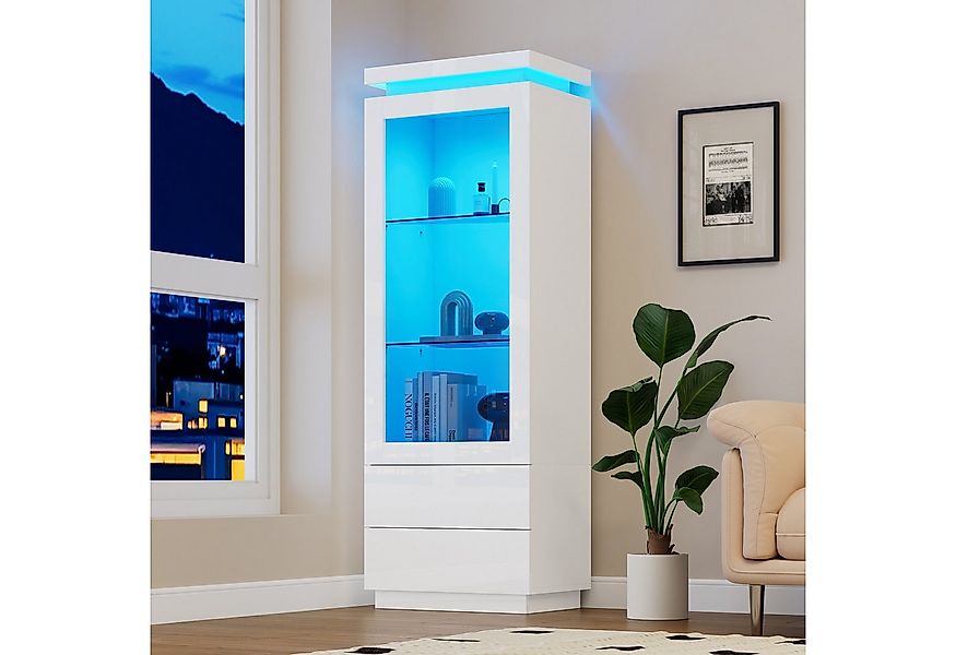 Merax Standvitrine Hochglanz Hochschrank schmal Wohnzimmerschrank mit LED-B günstig online kaufen