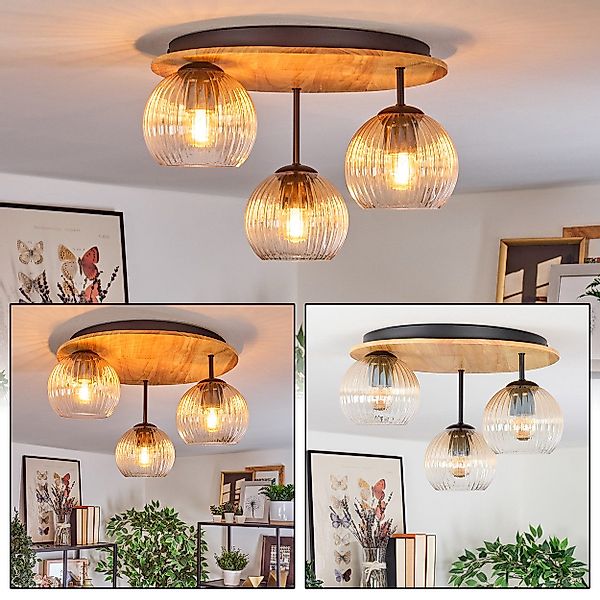 hofstein Deckenleuchte Deckenlampe aus Metall/Holz/Riffelglas in günstig online kaufen