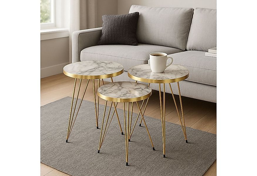 Jungengel Beistelltisch Set 3-teilig rund Marmoroptik Weiß Gold Retro Moder günstig online kaufen