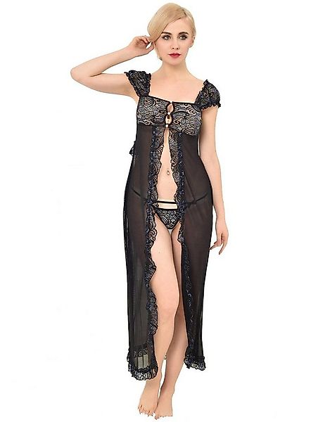 Lau-Fashion Negligé Dessous Set Langer Spitze Mantel Schwarz Reizwäsche Str günstig online kaufen
