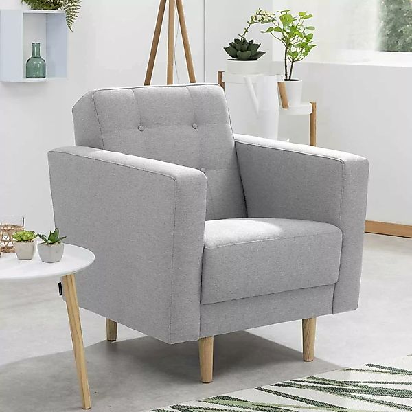 Wohnzimmer Sessel hellgrau aus Flachgewebe Esche Massivholz günstig online kaufen