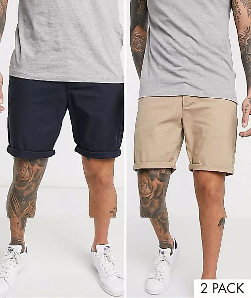 ASOS DESIGN – 2er Pack schmal geschnittene Chino-Shorts in Stone & Marinebl günstig online kaufen