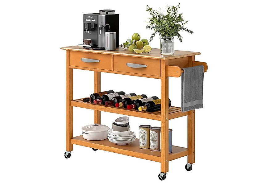 COSTWAY Küchenwagen, mit Rollen, Arbeitsplatte & 2 Schubladen, Holz, natur günstig online kaufen