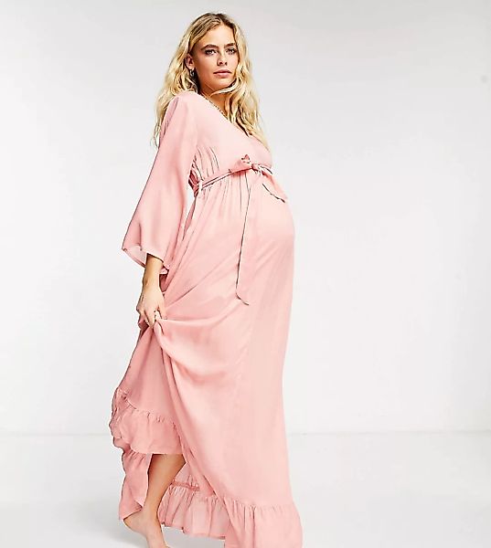 ASOS DESIGN Maternity – Gestuftes Maxi-Strandkleid mit V-Ausschnitt in Pfir günstig online kaufen
