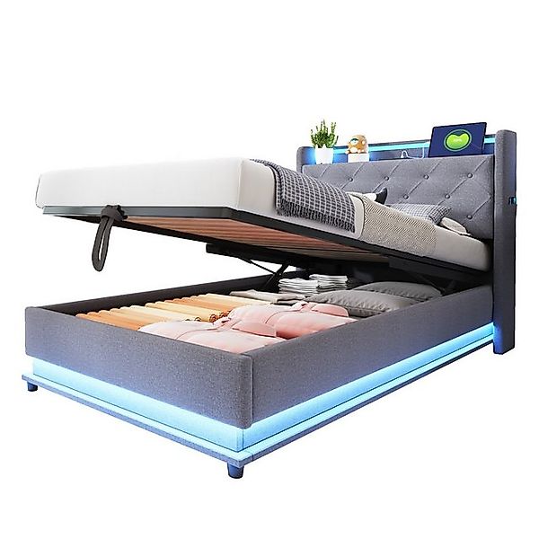 OKWISH Polsterbett Funktionsbett mit USB-Ladeanschluss und Hydraulischer La günstig online kaufen