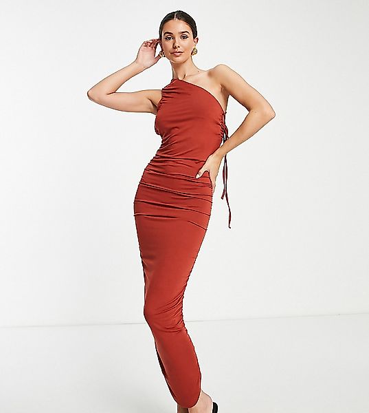 ASOS DESIGN Tall – Figurbetontes Midaxi-Kleid in Schokoladenbraun mit Raffu günstig online kaufen