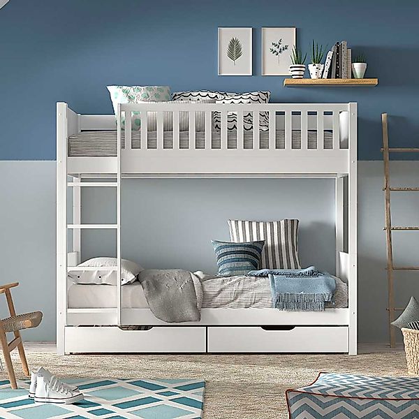 Skandi Stil Etagenbett weiss inklusive Leiter zwei Liegeflächen günstig online kaufen
