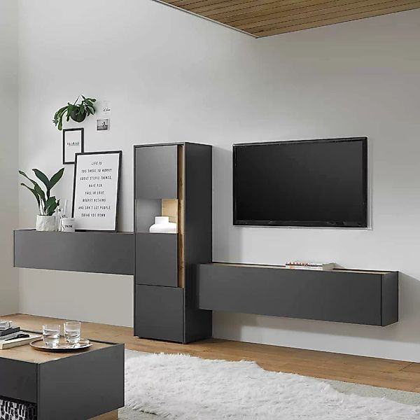 Design Wohnwand in Anthrazit und Wildeiche Optik 350 cm breit (dreiteilig) günstig online kaufen