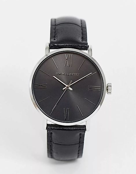 ASOS DESIGN – Klassische Uhr in Silber und Schwarz mit Armband in Lederopti günstig online kaufen