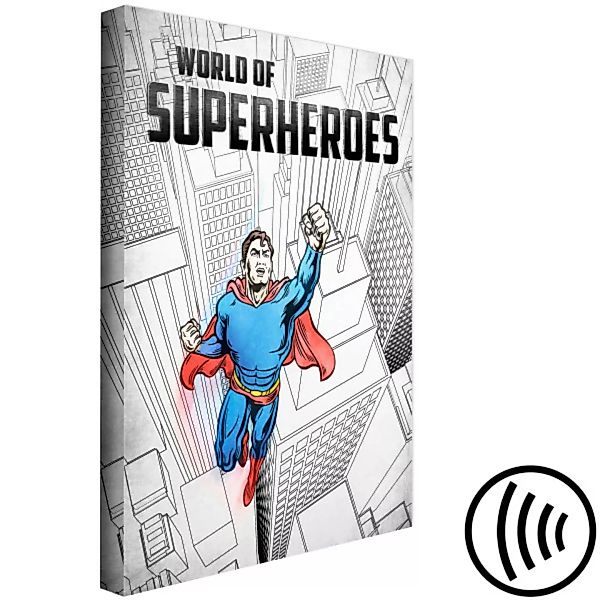Wandbild Superheld mit Wolkenkratzern - Grafik inspiriert vom Superman-Comi günstig online kaufen