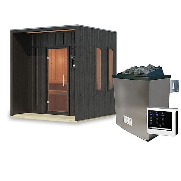 Karibu Saunahaus Almeria mit Ofen 9 kW Extern Schwarz günstig online kaufen