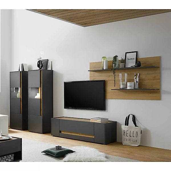 Wohnzimmer Schrankwand in Anthrazit und Wildeiche Optik 240 cm breit (viert günstig online kaufen