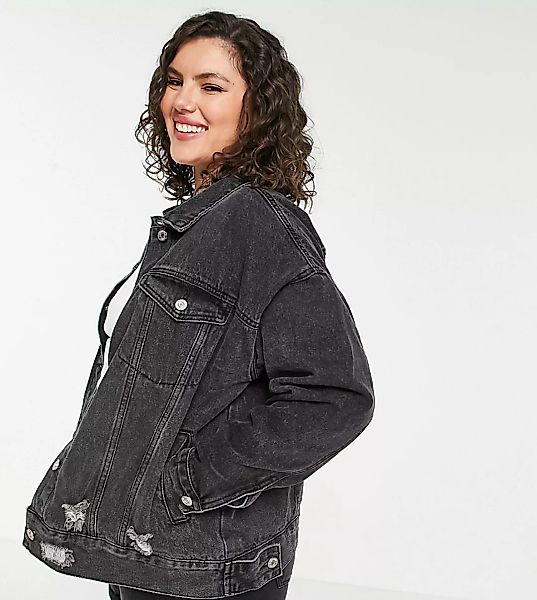 Missguided Plus – Schwarze Oversize-Jeansjacke mit Zierrissen günstig online kaufen
