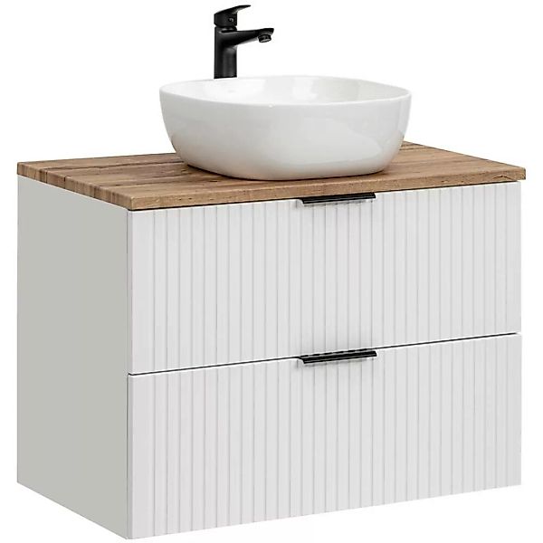 Badmöbel Waschtisch Unterschrank Set 80 cm matt weiß mit Wotaneiche, 2 Soft günstig online kaufen