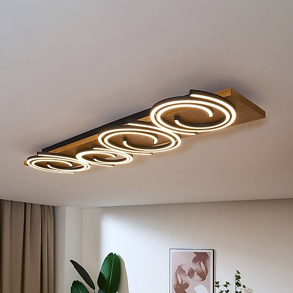 LED-Deckenlampe Rifia, braun, 115 cm, 4-flg., Holz, dimmbar günstig online kaufen