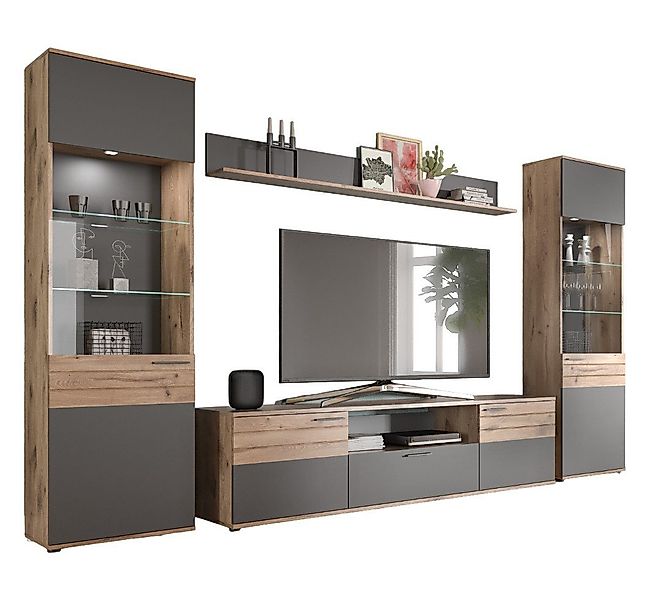 Newroom Wohnwand Elera, Wohnwand Basalt Grau Eiche Schrankwand Anbauwand In günstig online kaufen
