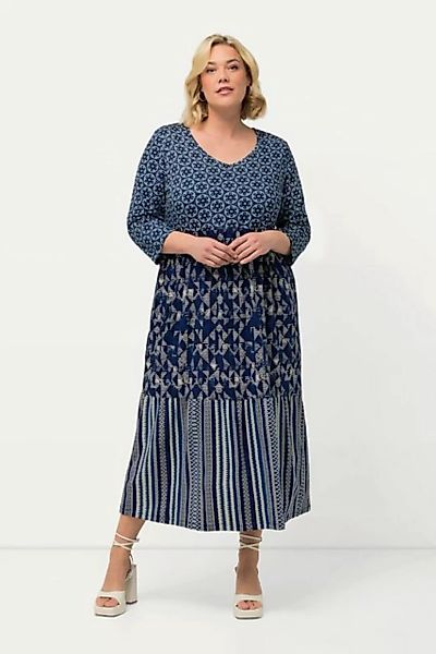 Ulla Popken Maxikleid Jerseykleid Mustermix A-Linie V-Ausschnitt 3/4-Arm günstig online kaufen