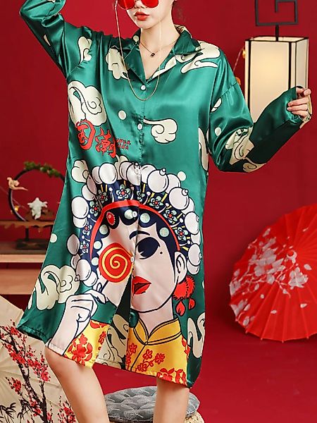 Damen Faux Silk Opera Character Gedrucktes Langarm-Schlafshirt im Nationals günstig online kaufen