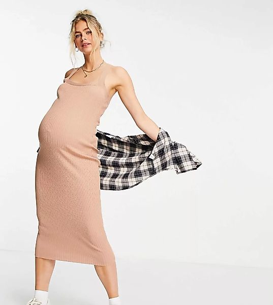 ASOS DESIGN Maternity – Geripptes Midikleid aus Strick in Camel mit eckigem günstig online kaufen