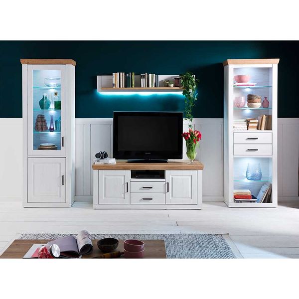 Landhausstil Anbauwand 210 cm hoch Weiß und Eiche Optik (vierteilig) günstig online kaufen