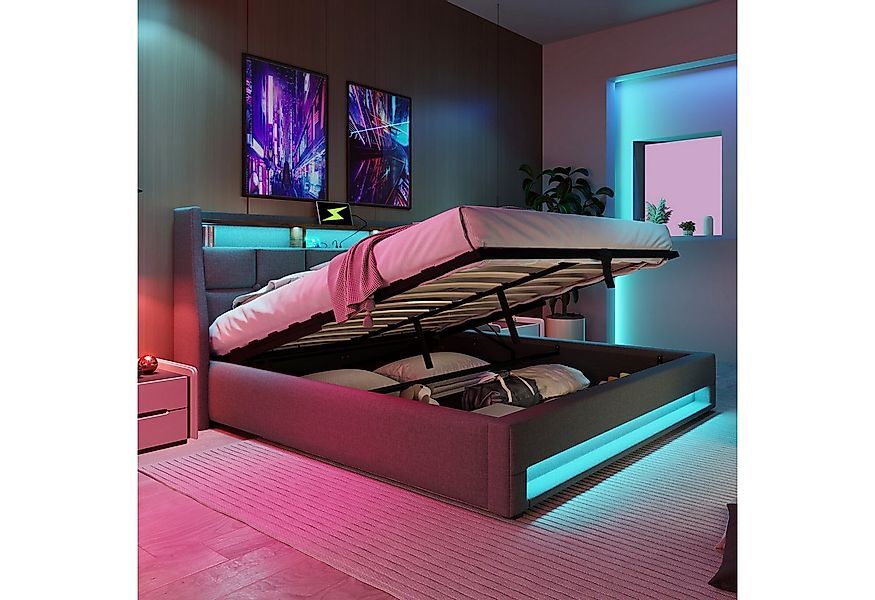 Flieks Polsterbett, Baumwolle-Leinen Bezug Stauraumbett mit USB-Anschluss + günstig online kaufen