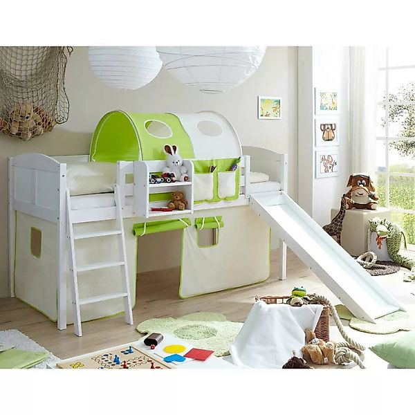 Kinderzimmerbett mit Vorhang und Tunnel Weiß, Beige und hell Grün günstig online kaufen