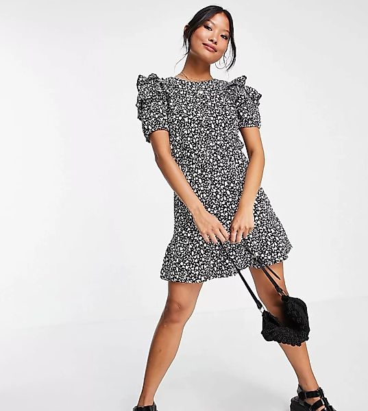 Topshop Petite – Minikleid mit Volant im Schulterbereich in Schwarz-Weiß-Me günstig online kaufen