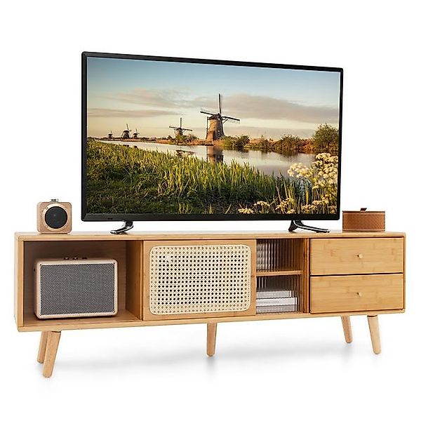 COSTWAY TV-Schrank 2 Schiebetüren (Glas&Bambus), 2 Schublade, Bambus, 140cm günstig online kaufen