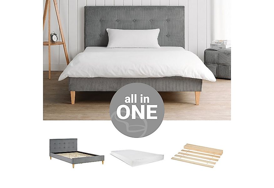 Homestyle4u Polsterbett 140x200 Doppelbett weicher Cordstoff Grau Holzfüße günstig online kaufen