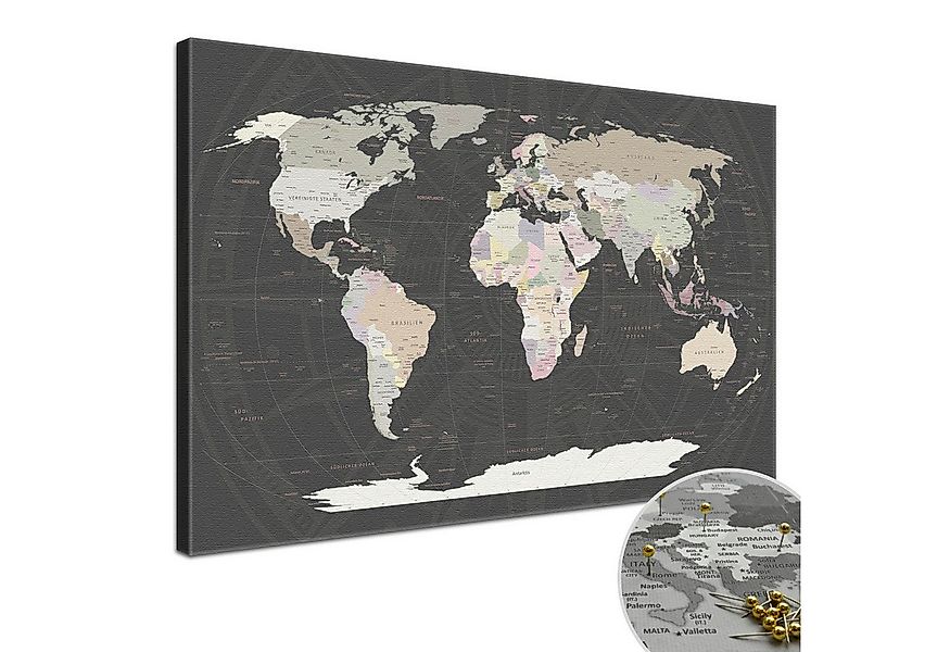 LANA KK Leinwandbild Weltkarte Pinnwand zum markieren von Reisezielen, deut günstig online kaufen