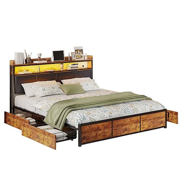 FUROKOY Metallbett PU Polsterbett Doppelbett mit 4 Schubladen (Eisenbett Ma günstig online kaufen