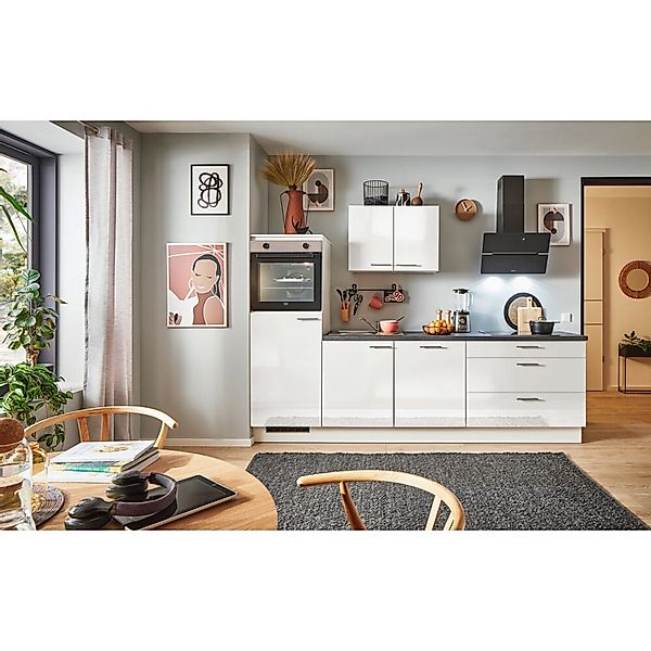 pino Küchenzeile 250 cm Weiß Hochglanz Anschlag,inks 1 Geräteschrank günstig online kaufen