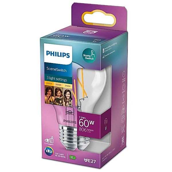 Philips LED Filament Lampe ersetzt 60W E27 Birne - A60 7,5W 806lm 2200-2700 günstig online kaufen