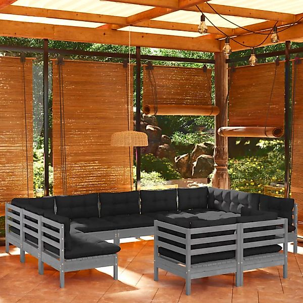 11-tlg. Garten-lounge-set Mit Kissen Grau Kiefer Massivholz günstig online kaufen