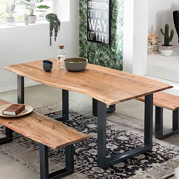 Baumkanten Esstisch aus Akazie Massivholz und Stahl 160 cm breit günstig online kaufen