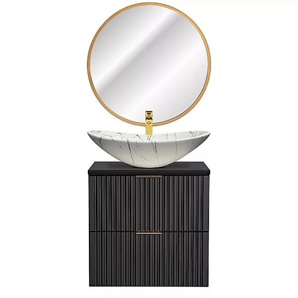 Waschplatz Set mit marmoriertem Keramik-Aufsatzbecken und LED-Spiegel, matt günstig online kaufen