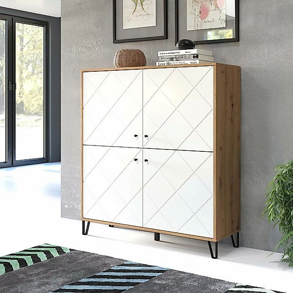 Highboard in Artisan Eiche Nb. mit weiß matt TORINO-19 modern mit Metallfüß günstig online kaufen