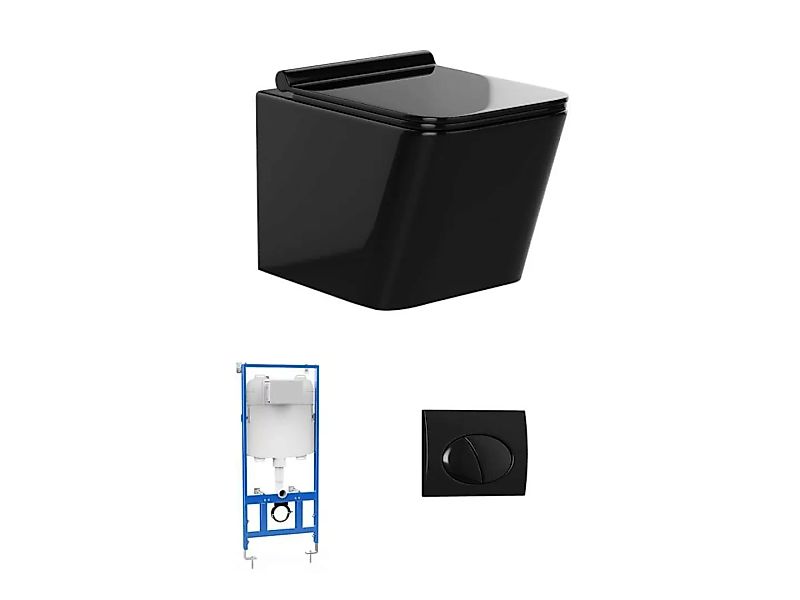 Sparset - Wand-WC - Schwarz glänzende Keramik mit Trägergestell & ovaler Be günstig online kaufen
