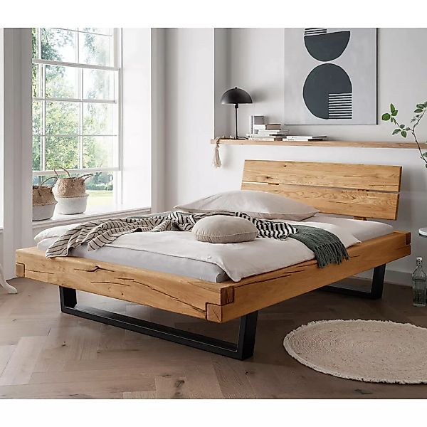 Massivholz Doppelbett, 200x200 cm, Eiche massiv, Holzkopfteil, schwarze Met günstig online kaufen