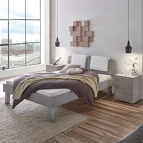 Doppelbett in Beton Grau gepolstertem Kopfteil in Weiß (dreiteilig) günstig online kaufen